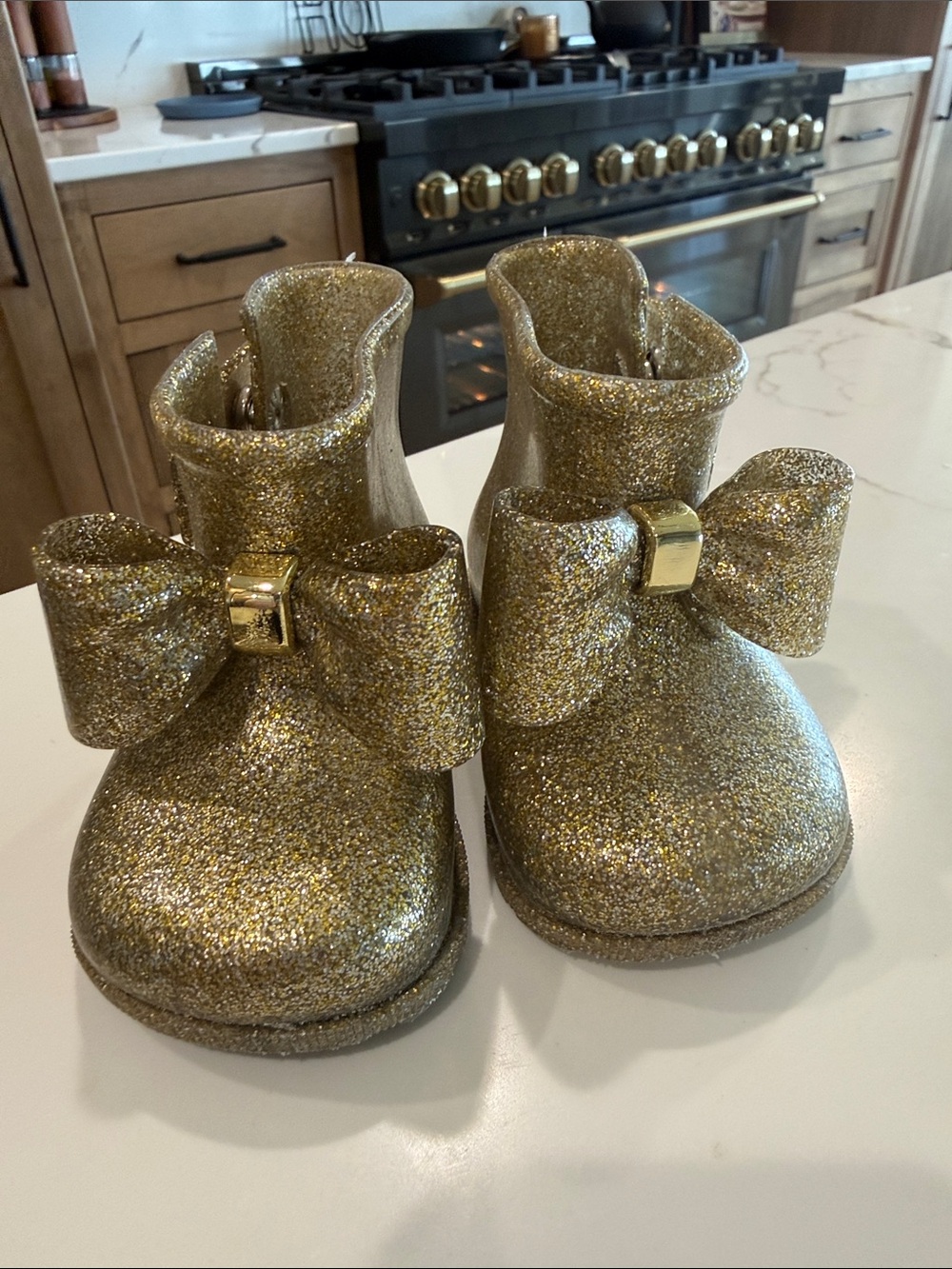 Mini Melissa Kids Gold Glitter Bow Rain Boots